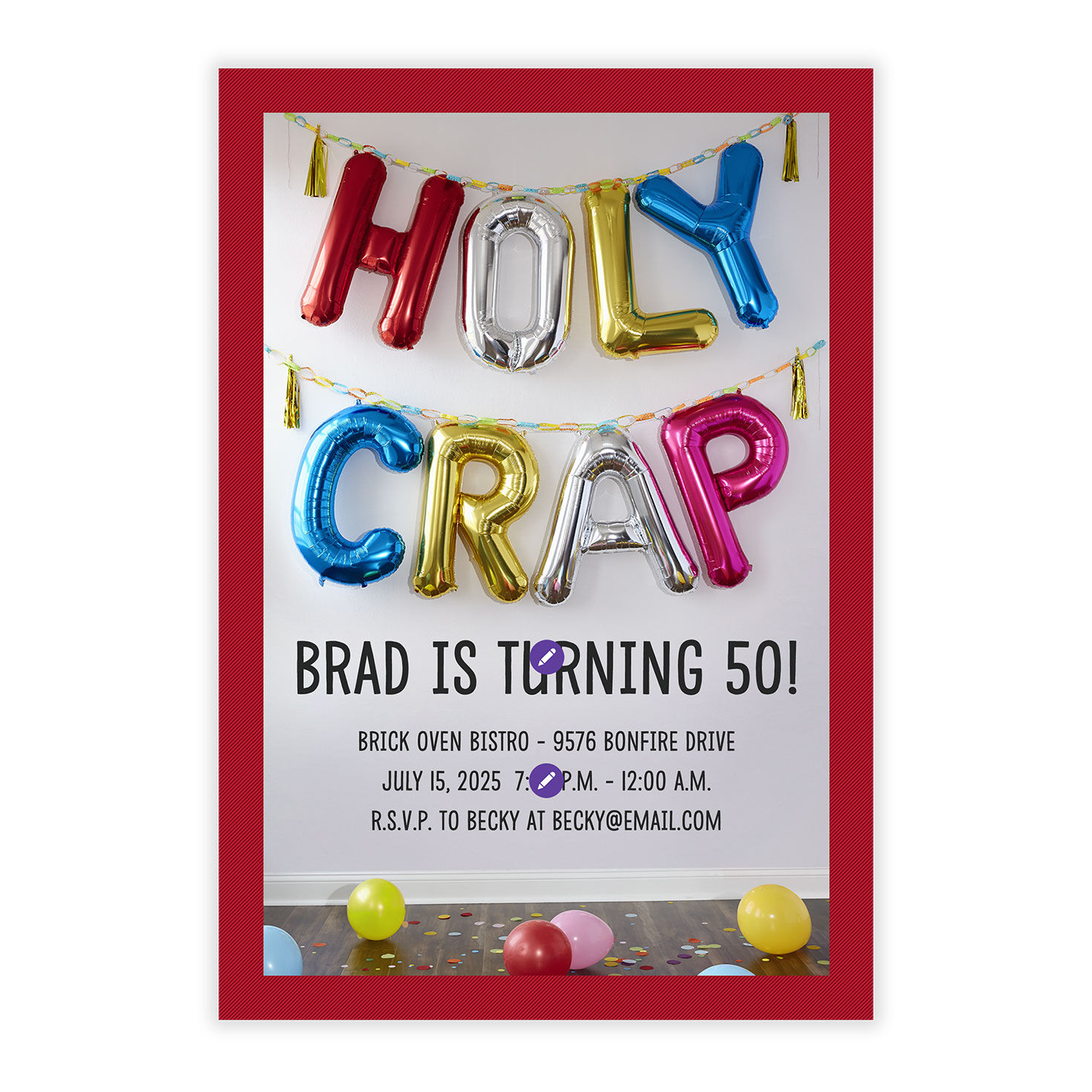 Holy Crap Balloons Personalized Party Invitation Card Front indicating personalization image number 5