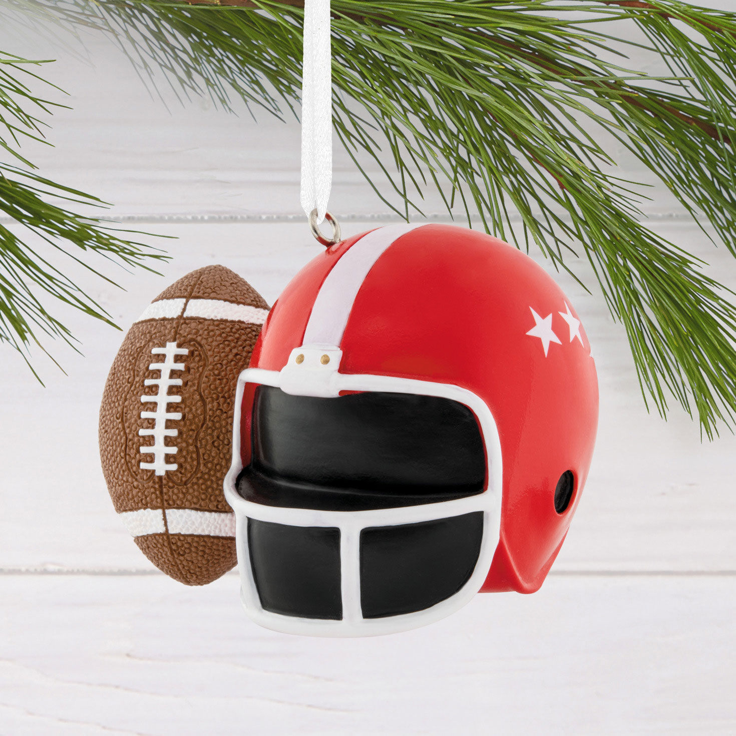 Red Football Helmet and Ball Christmas Ornament hanging on tree image number 2