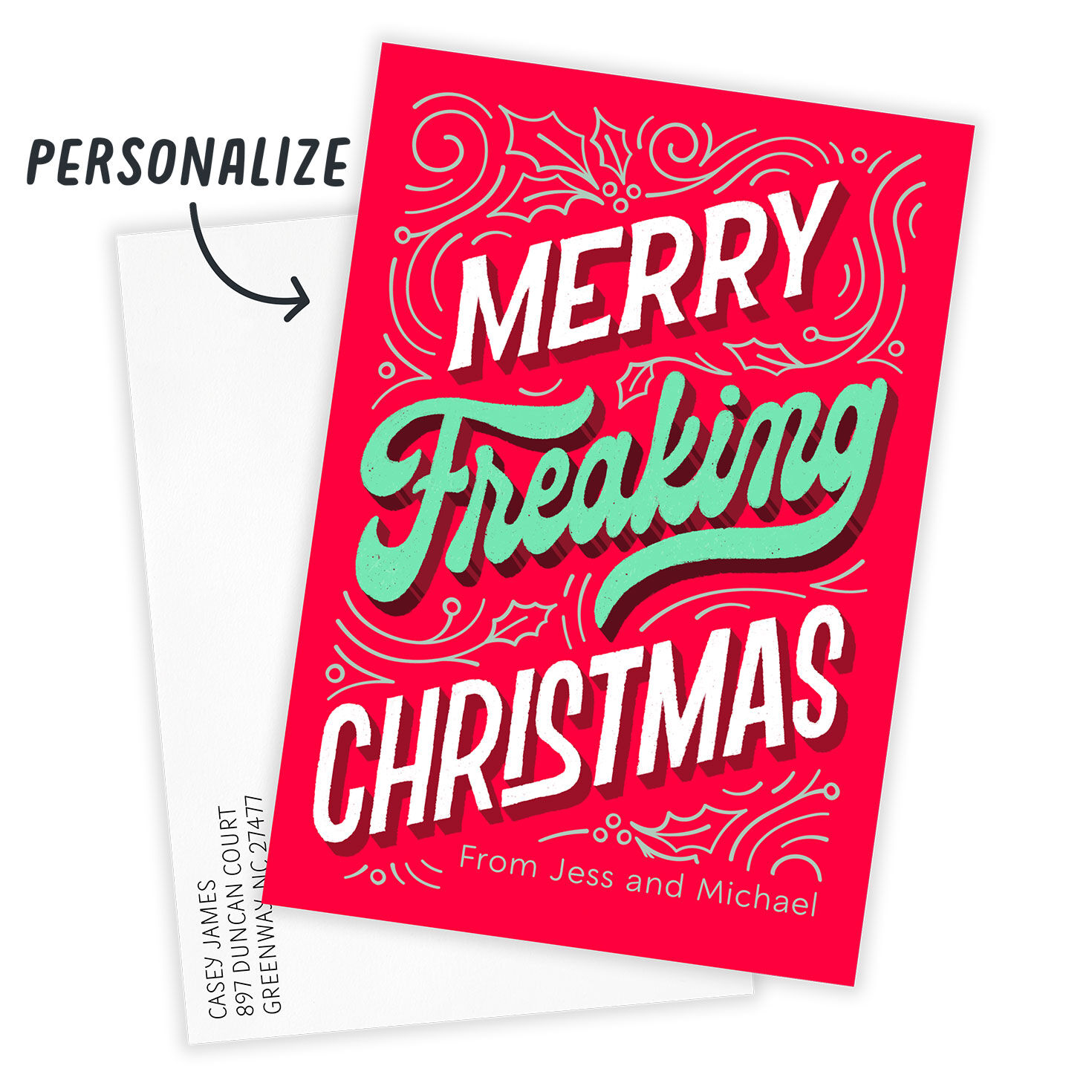 Merry Freaking Christmas Personalized Photo Card Card Front indicating personalization image number 2