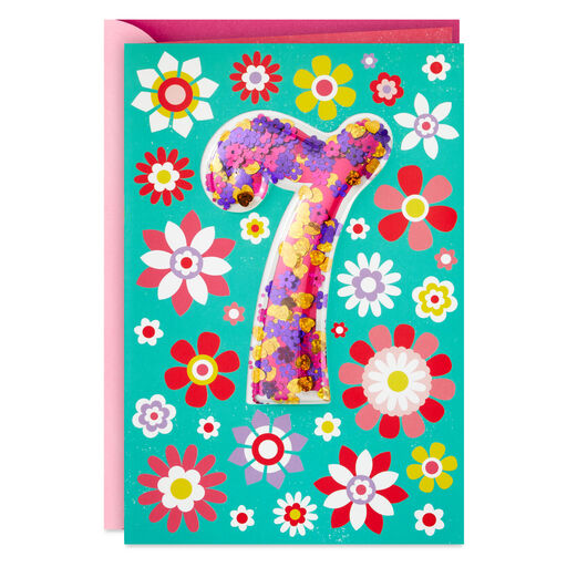 Sweet Girl 7 Flowers and Hearts Confetti 7th Birthday Card, 