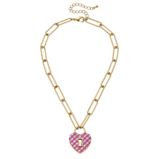 Monclér Pink and White Gingham Heart Padlock Necklace, 