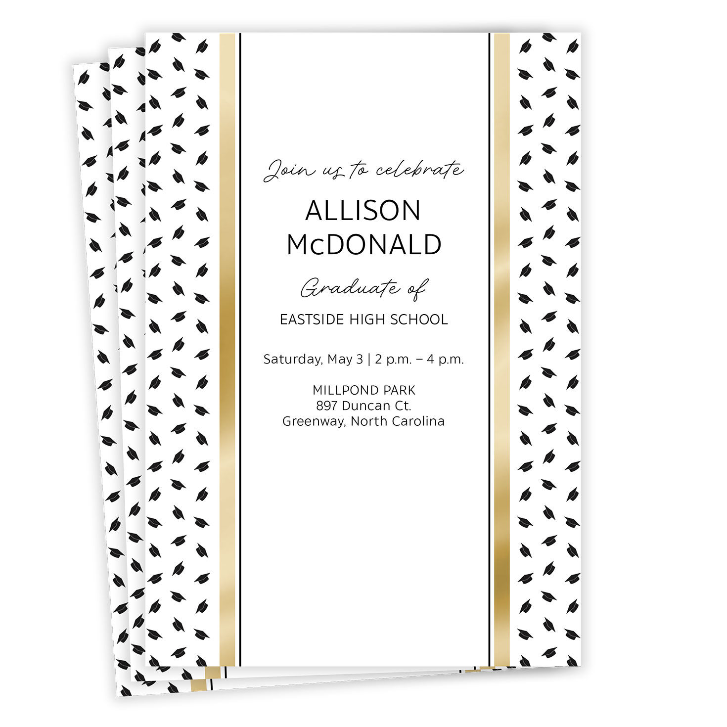 Gold and Black Preppy Hats Flat Graduation Party Invitation