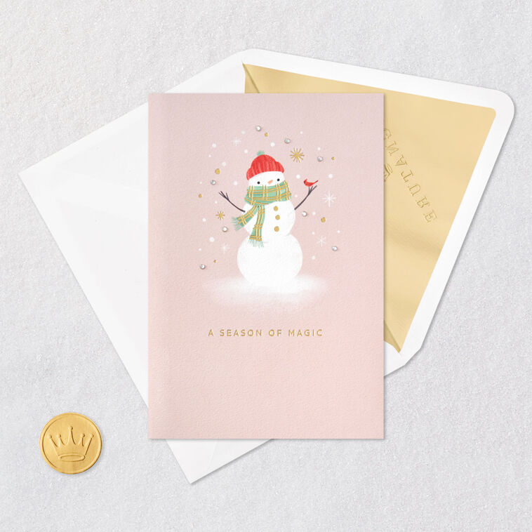 Snowman on Blush Pink Christmas Card Card Front with Envelope and Gold Seal image number 6