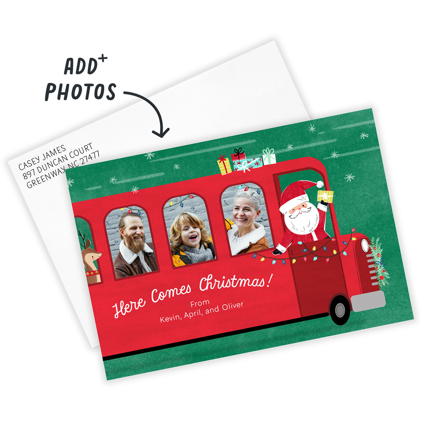 Santa Driving Bus Personalized Christmas Photo Card Card Front indicating personalization image number 2