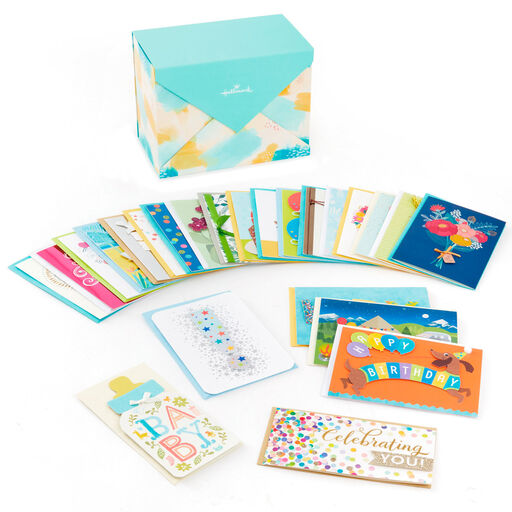 Assorted All-Occasion Greeting Cards in Pastel Watercolor Organizer, Box of 24, 