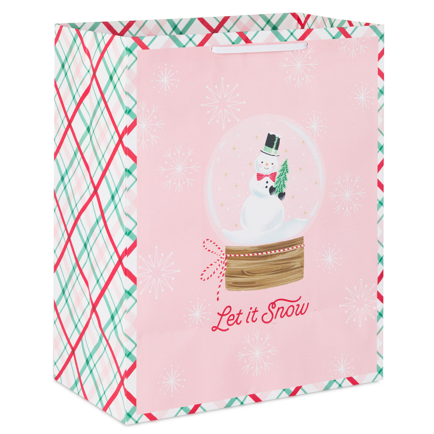 Snowman Snow Globe on Pink Large Holiday Gift Bag Back image number 6