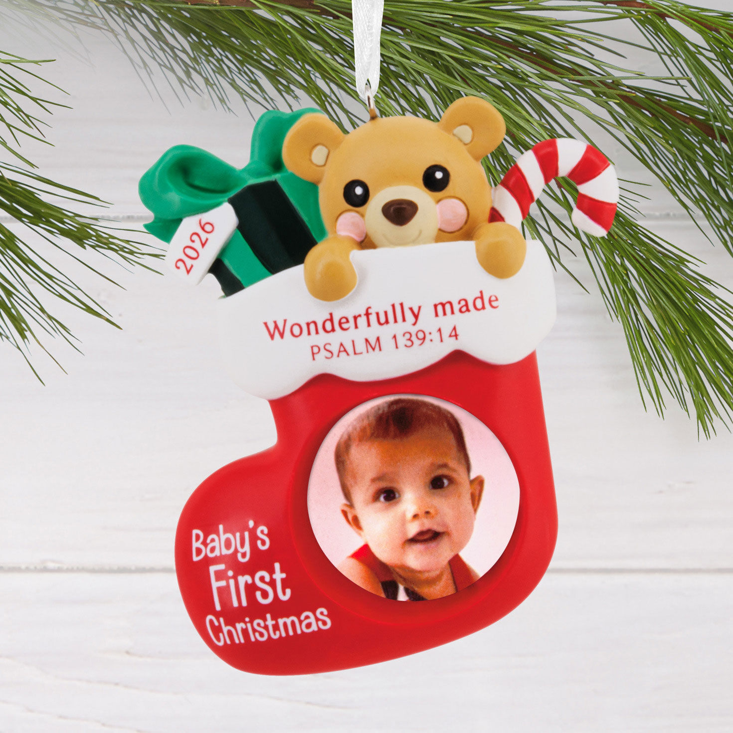 Red Stocking Baby's 1st Frame Christmas Ornament hanging on tree image number 2