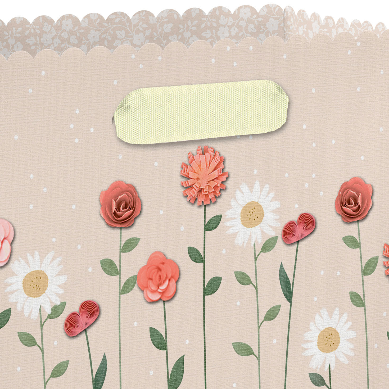 Dimensional Paper Flowers on Beige Medium Gift Bag Handle Detail image number 4