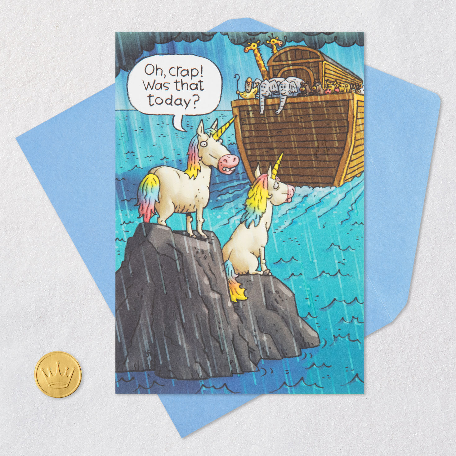 Funny Unicorns Missing Noah's Ark Birthday Card Card front with envelope and gold seal image number 5