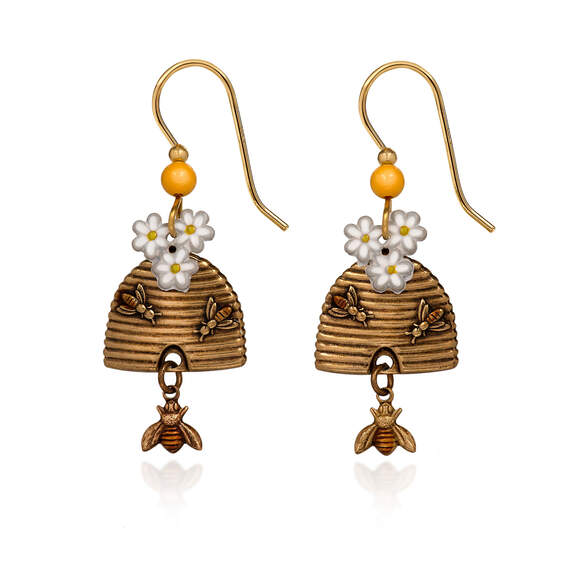 Silver Forest Beehive, Bee and Flower Drop Earrings