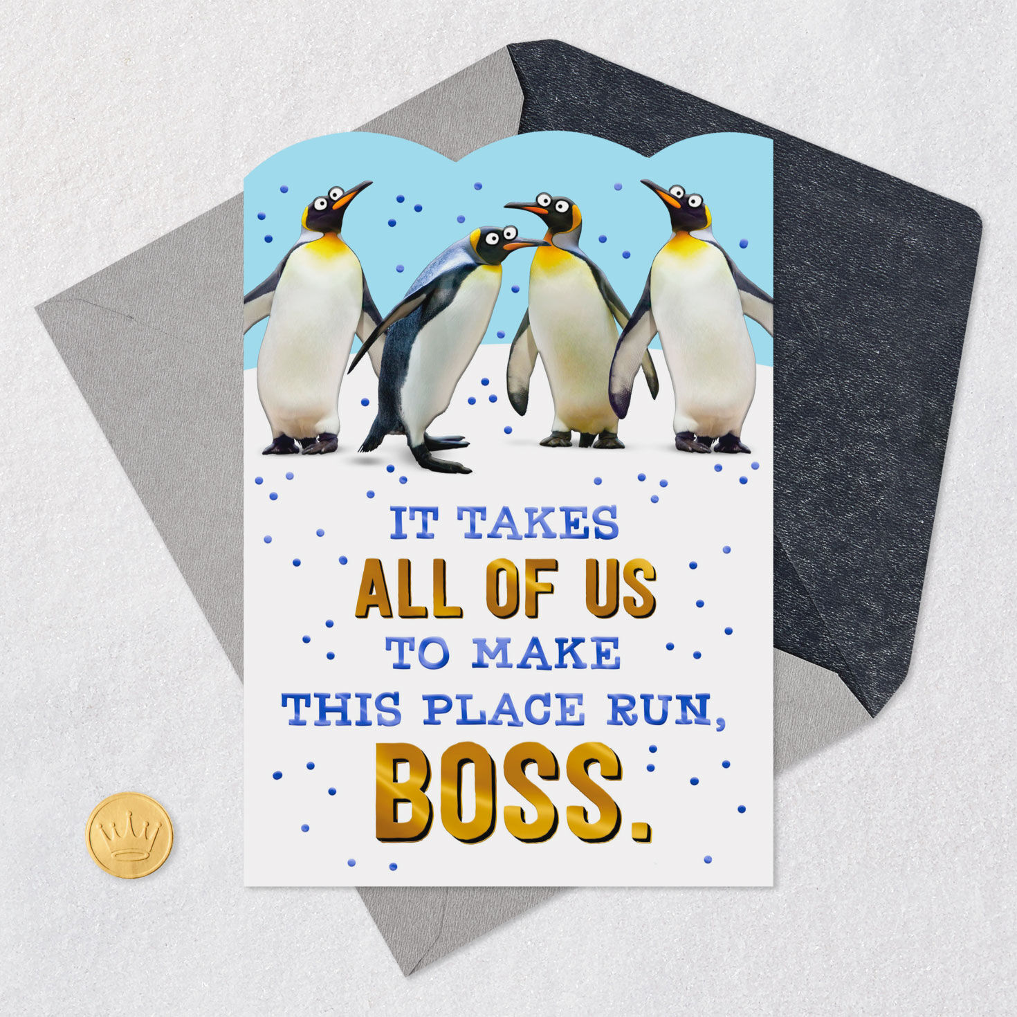 Penguins in Snow Funny Boss's Day Card From All Card Front with Envelope and Gold Seal image number 6