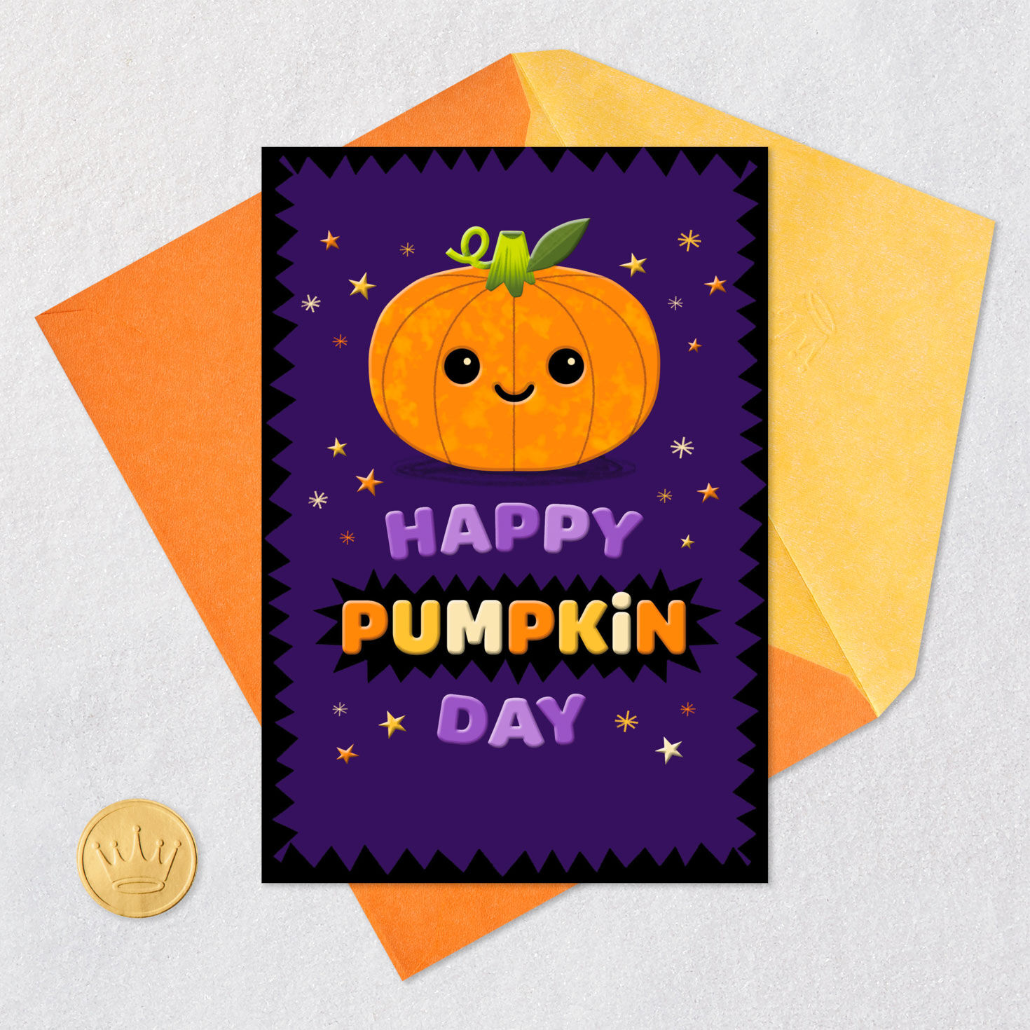 Cute Pumpkin on Purple Kids Halloween Card Card Front with Envelope and Gold Seal image number 5
