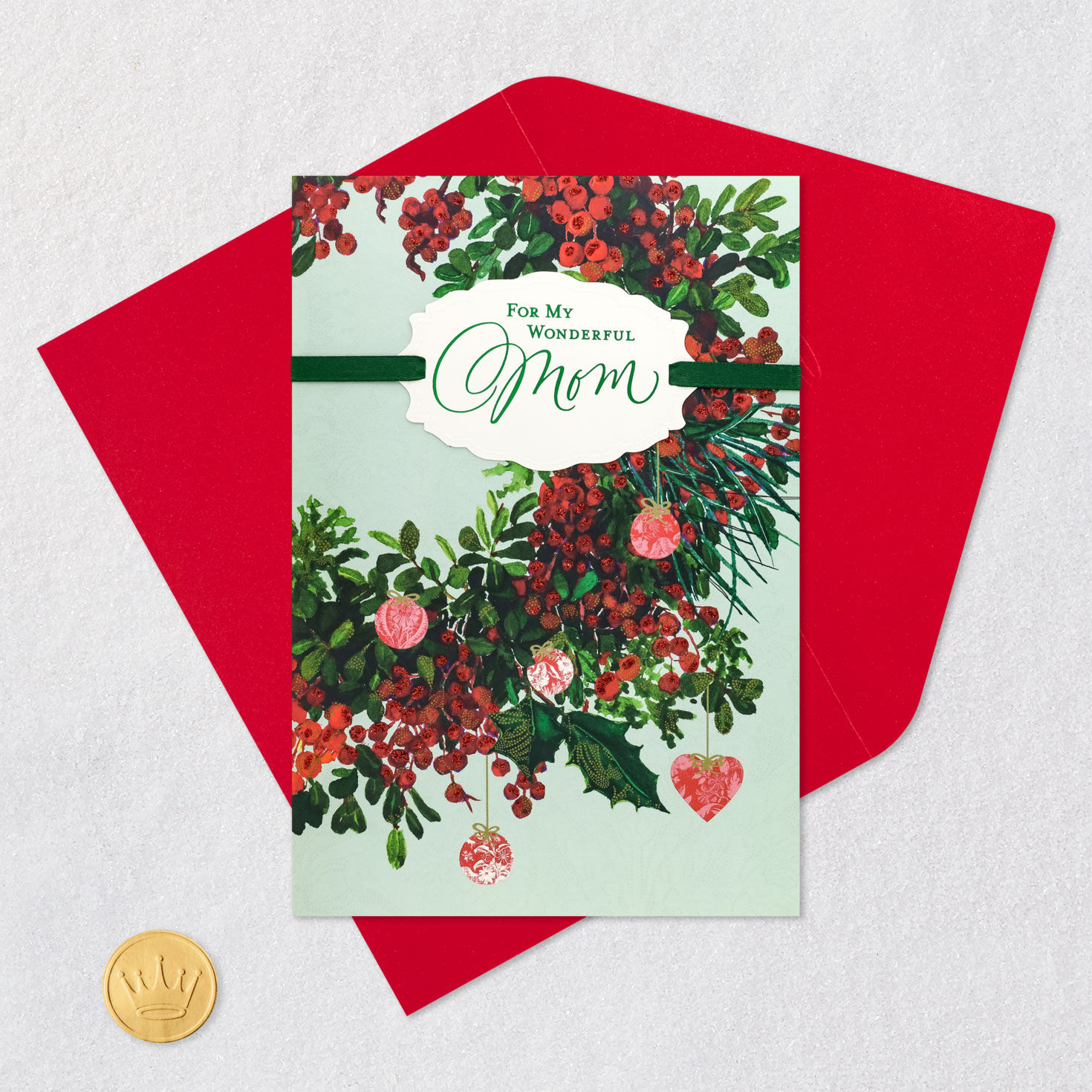 Berry Wreath Christmas Card for Mom Card Front with Envelope and Gold Seal image number 6
