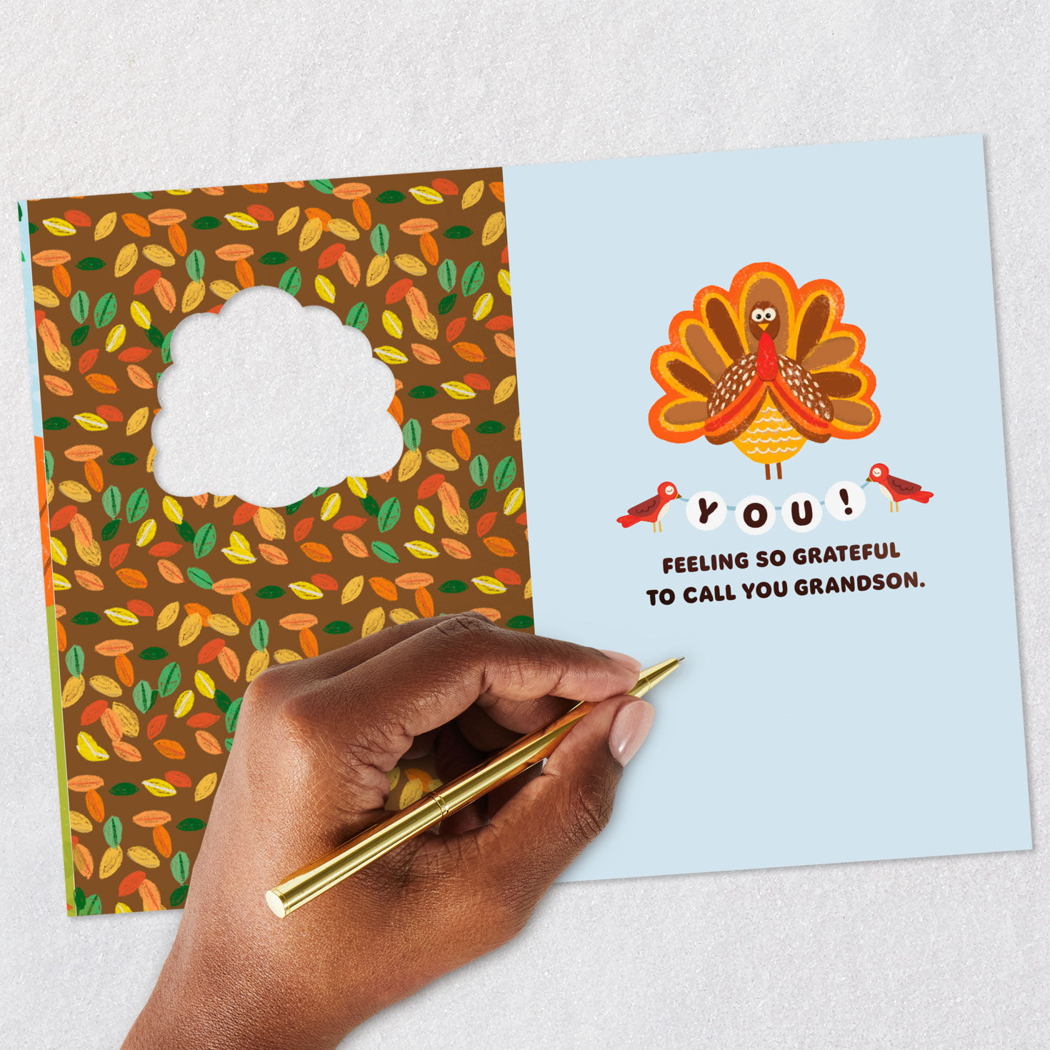 Cute Turkey and Fox Thanksgiving Card for Grandson signing card image number 6