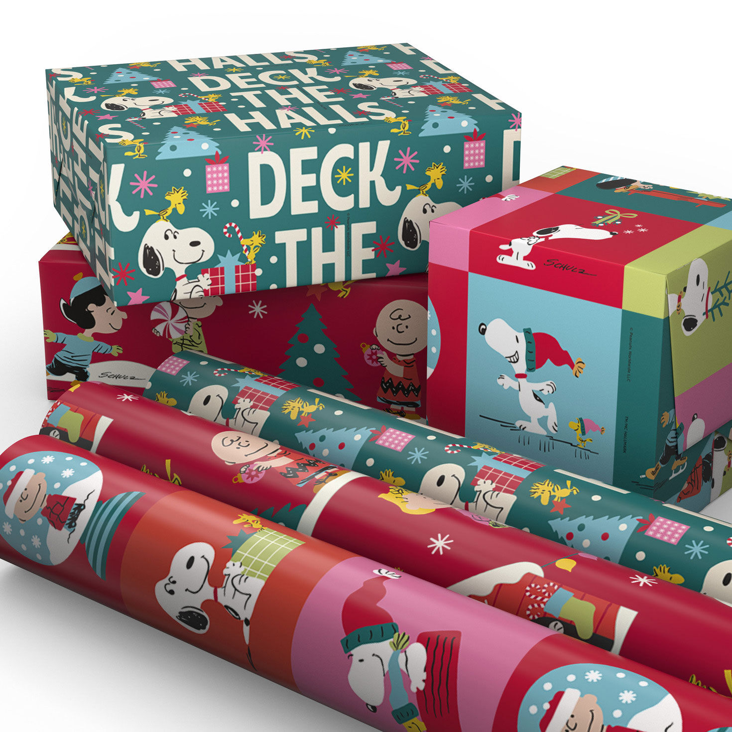 Teal and Red Snoopy 3-Pack Mini Xmas Gift Wrap Rolls Wrapped pkg image number 2