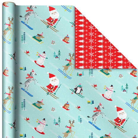 Santa's Ski Team/Snowflakes Reversible Christmas Wrapping Paper, 40 sq. ft., , large