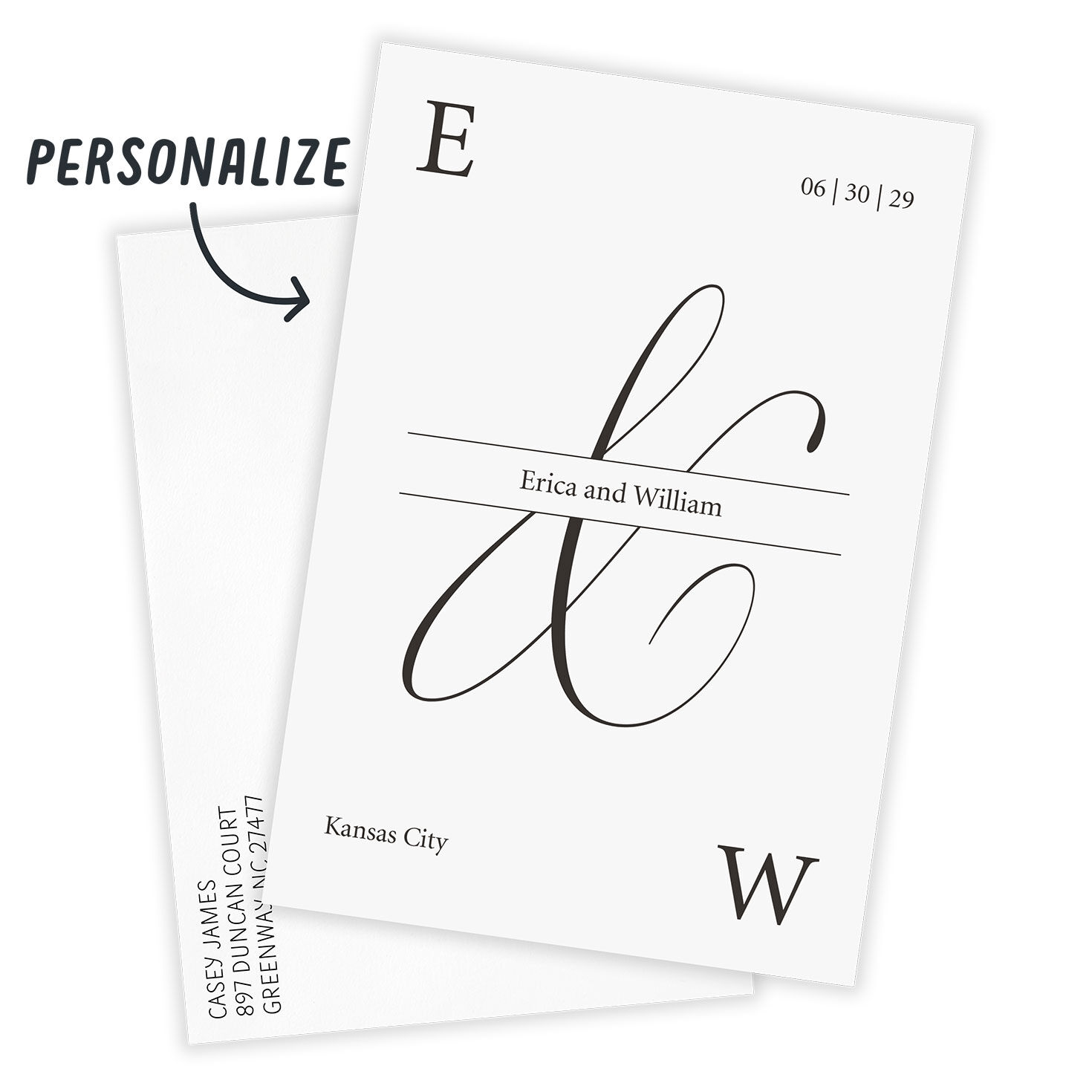 Black Monogram "&" Personalized Save the Date Card Card front with Envelope indicating personalization image number 2