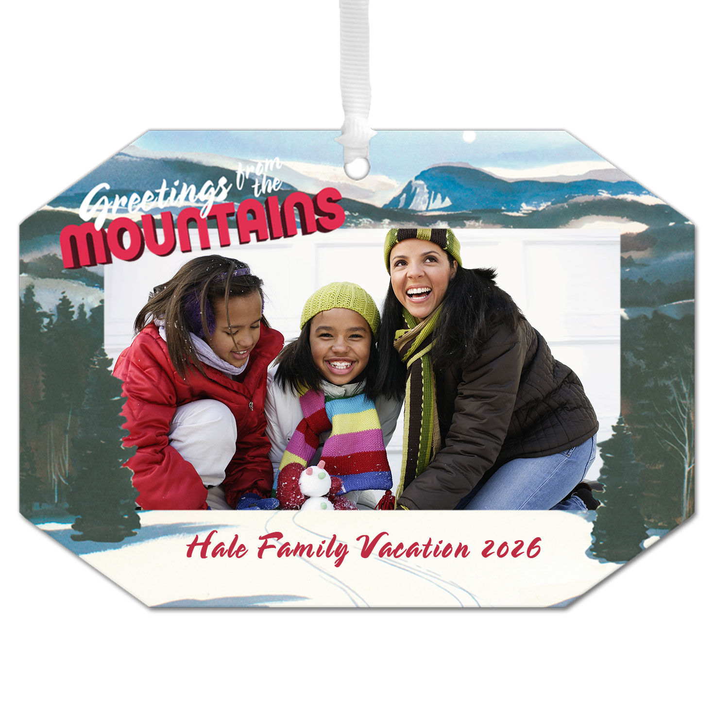 Mountain Vacation Metal Personalized Ornament, Custom Photo and Text