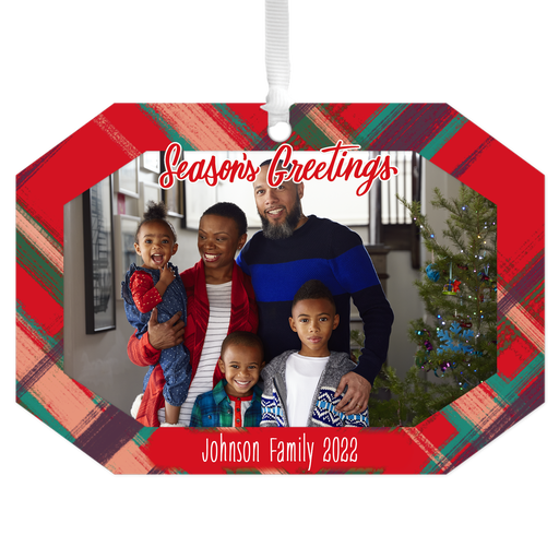 Red Plaid Personalized Text and Photo Metal Ornament, 