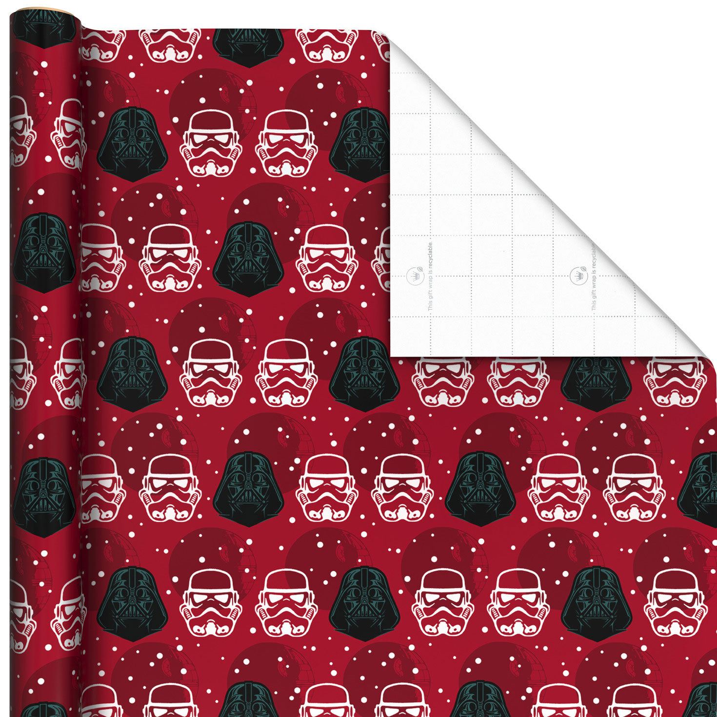 Star Wars™ Darth Vader™ and Stormtrooper™ Helmets on Red Holiday Wrapping Paper Roll, 25 sq. ft.