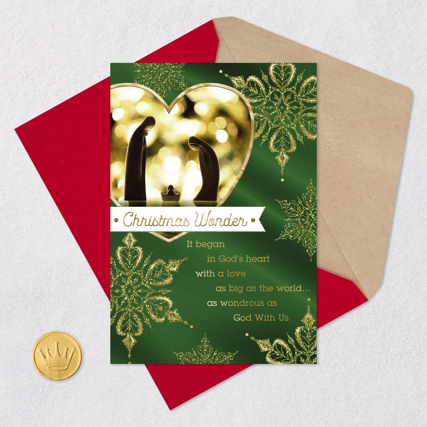 Gold Snowflakes on Green Religious Christmas Card Card Front with Envelope and Gold Seal image number 6