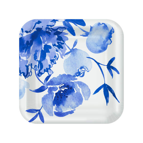 Blue Watercolor Floral Square Dinner Plates, Set of 8, , large image number 1