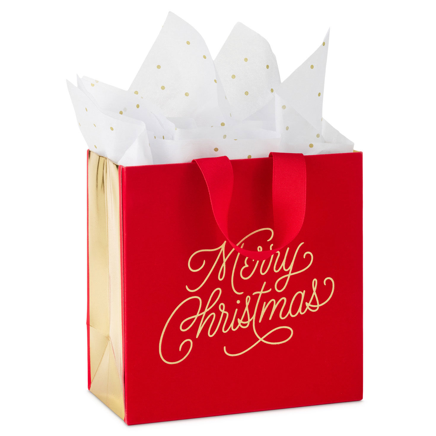 7.7" Gold Script on Flocked Red Medium Christmas Gift Bag With Tissue Paper