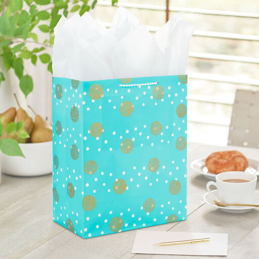 13" Polka Dots on Blue Large Gift Bag With Tissue Paper, 