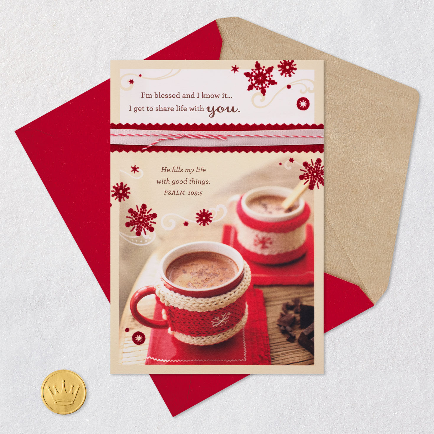 Cozy Mugs Snowflake Religious Christmas Card Card Front with Envelope and Gold Seal image number 5
