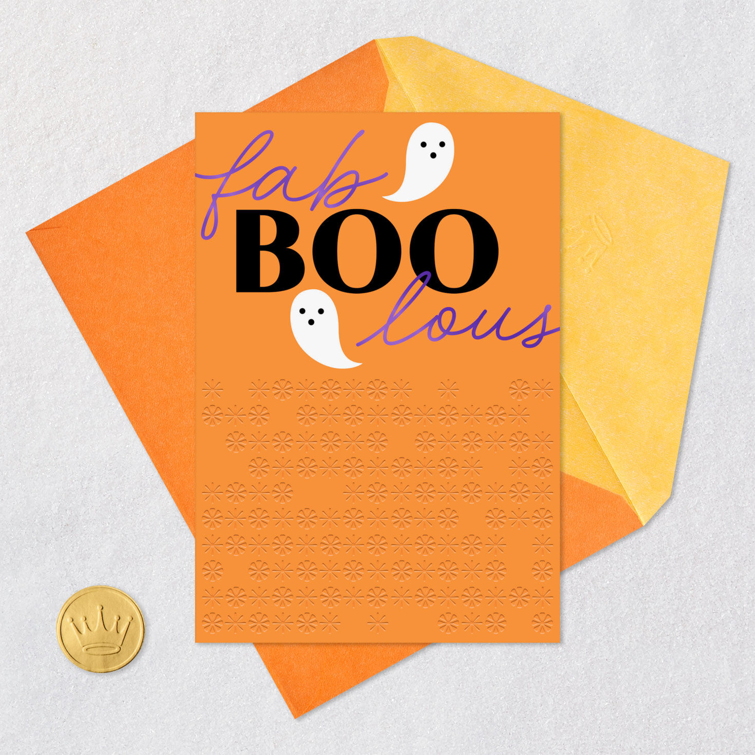 Ghosts on Orange and Purple Halloween Card Card Front with Envelope and Gold Seal image number 5