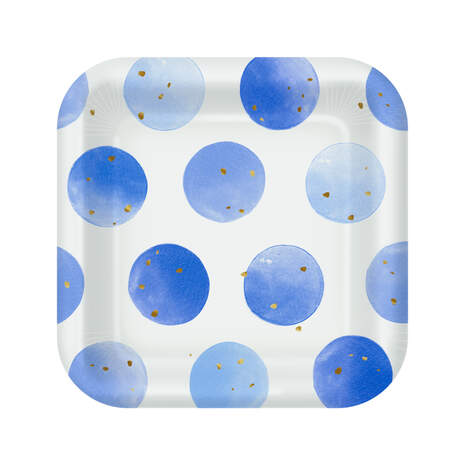 Blue Watercolor Dots Square Dessert Plates, Set of 8, , large