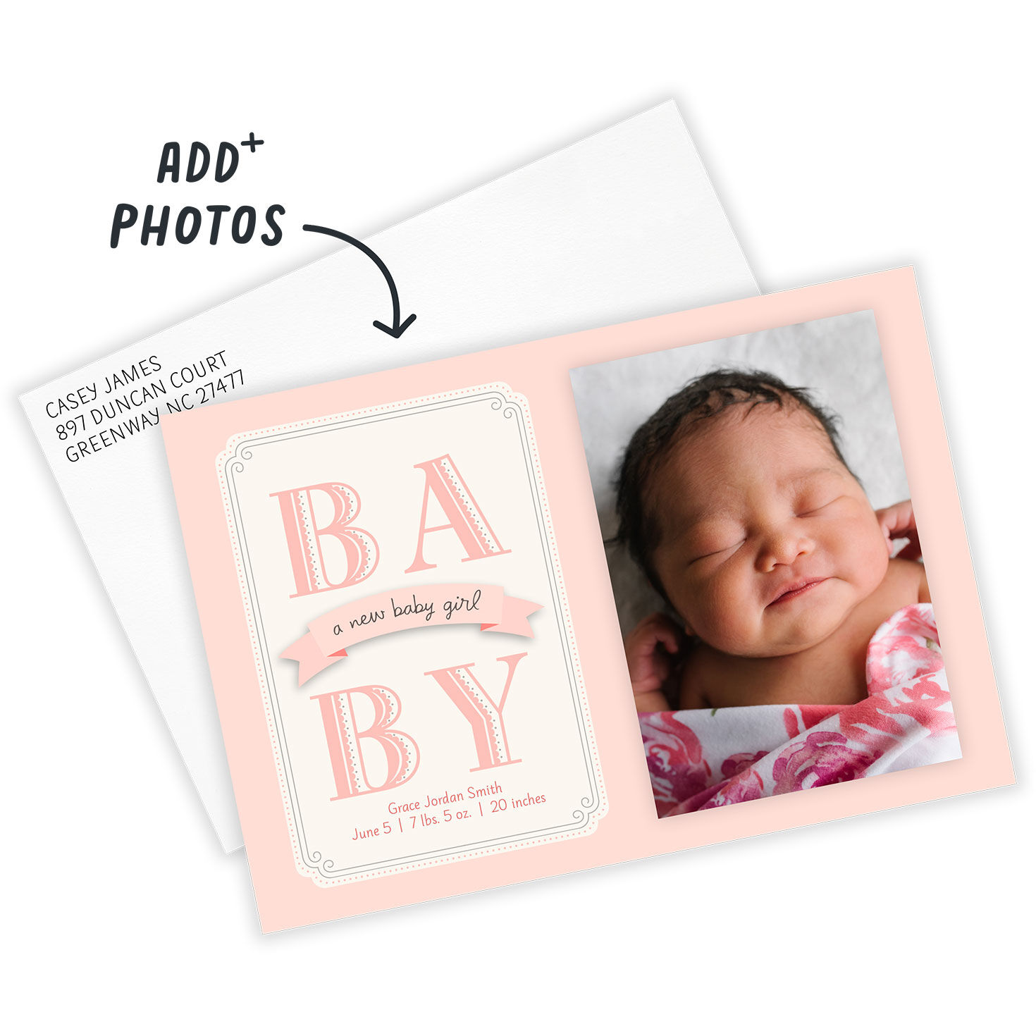 Pink Block Letters Personalized Baby Announcement Card Front indicating personalization image number 2
