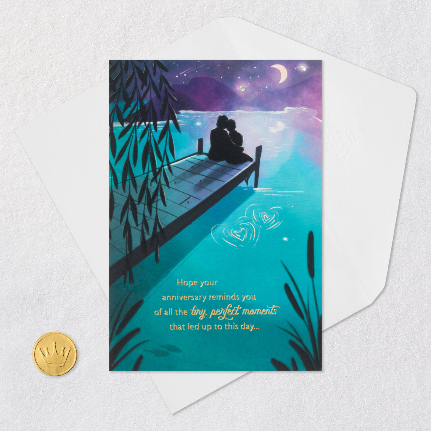 Couple Sitting on Pier at Night Your Anniversary Card Card Front Detail image number 6