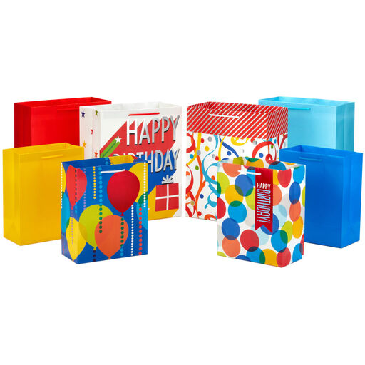 Bright Birthday 8-Pack Gift Bags, Assorted Sizes and Designs, 