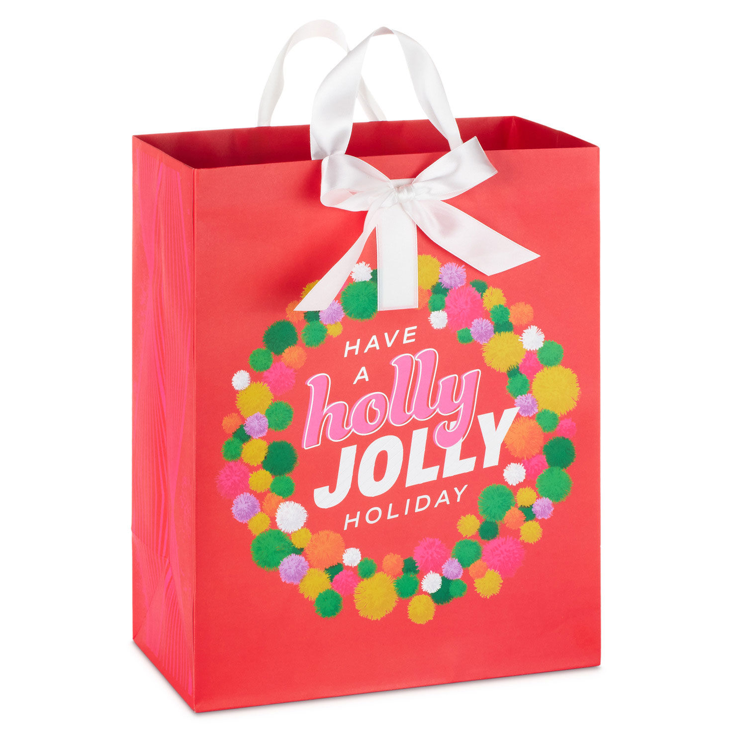13" Holly Jolly Wreath on Red Large Christmas Gift Bag With Bow