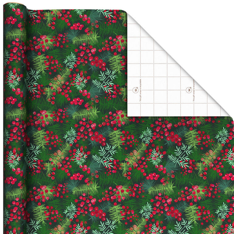 Pine Branches and Red Berries Jumbo Christmas Wrapping Paper Roll, 90 sq. ft.