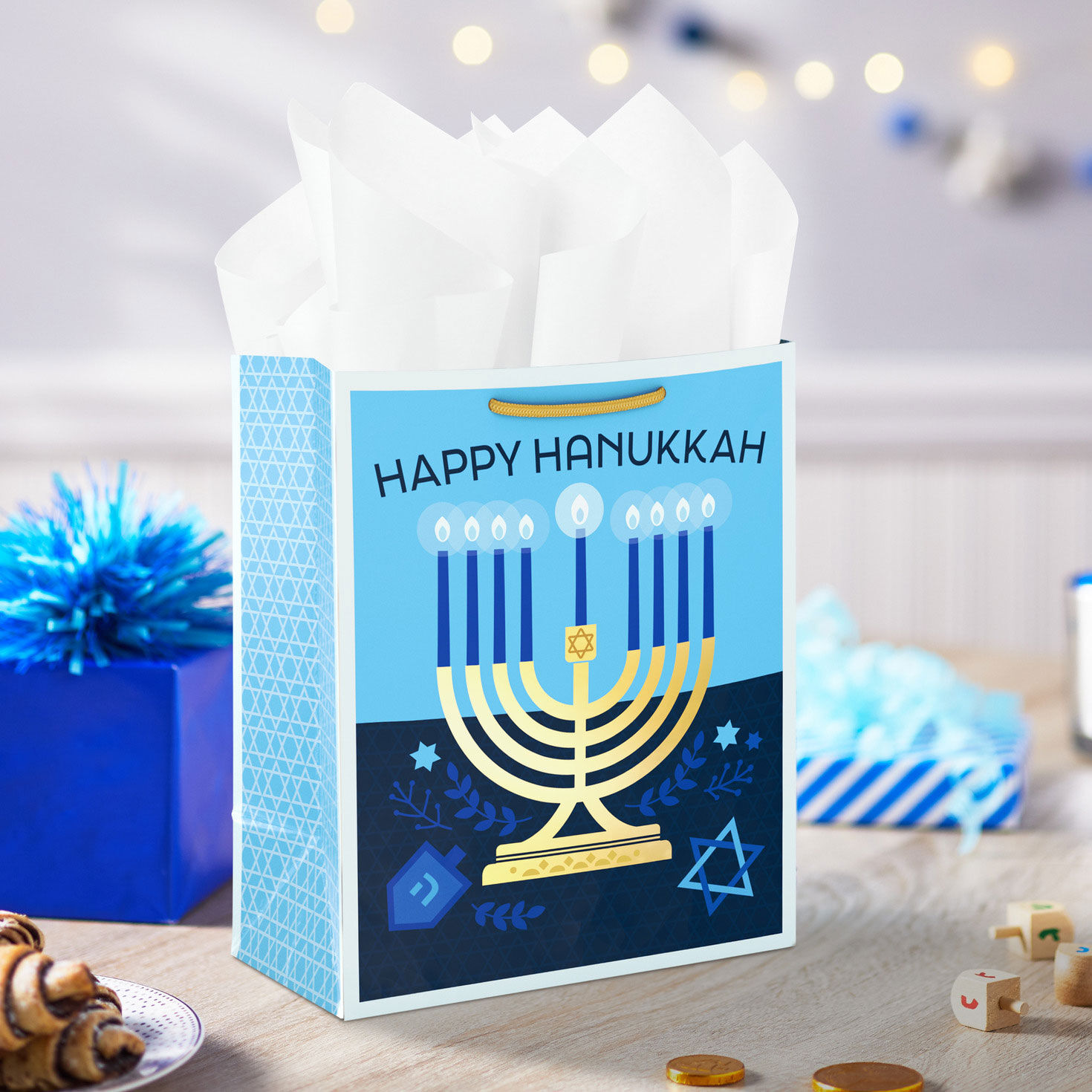 Gold Menorah on Blue Medium Hanukkah Gift Bag in use image number 2