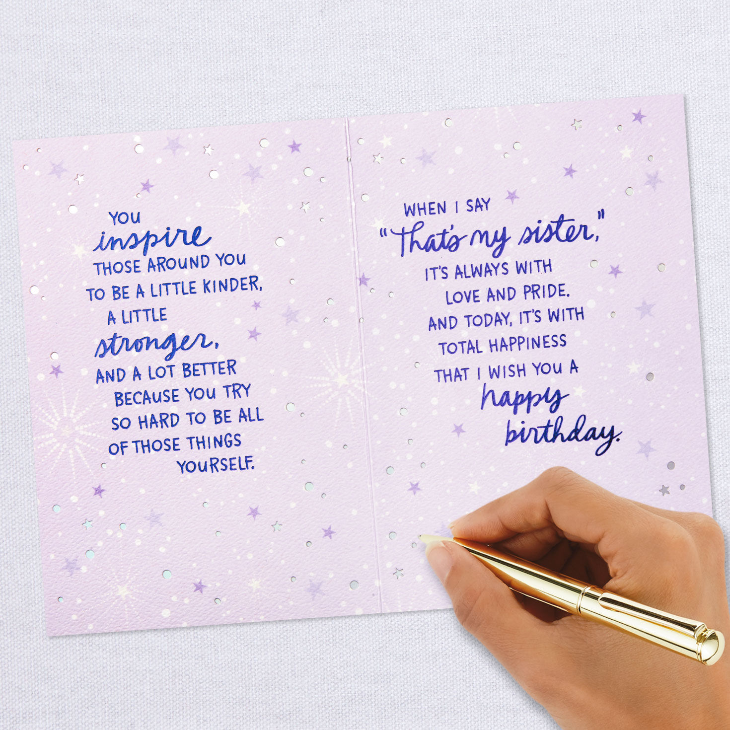 Stars on Purple Birthday Card for Sister signing card image number 6