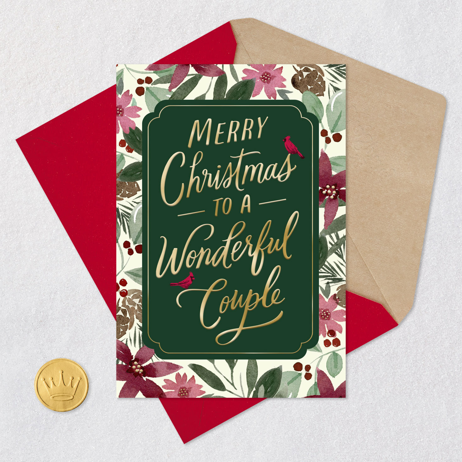 Poinsettia Floral Couple Religious Christmas Card Card Front with Envelope and Gold Seal image number 7