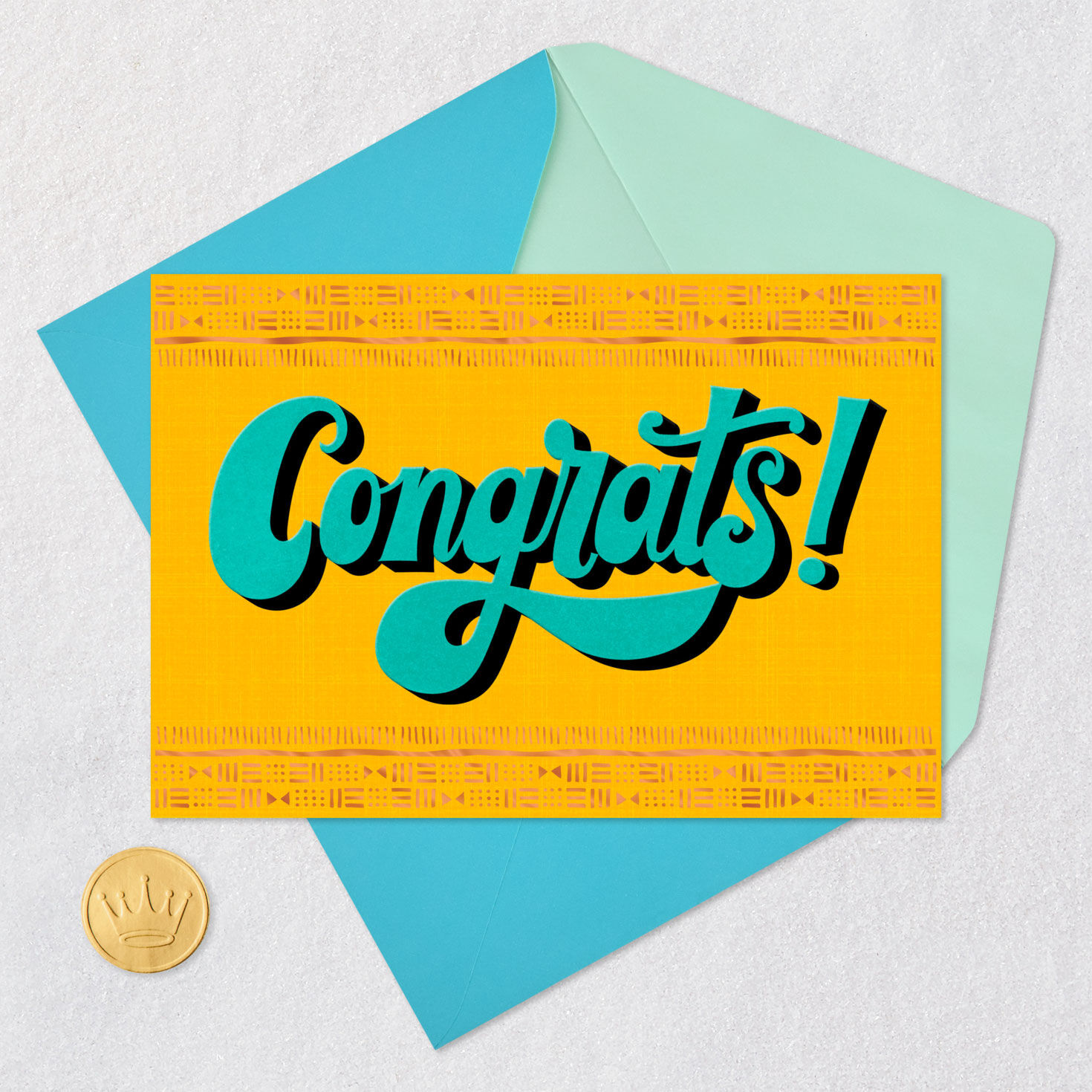 Blue Script on Patterned Yellow Congrats Card Card Front with Envelope and Gold Seal image number 5