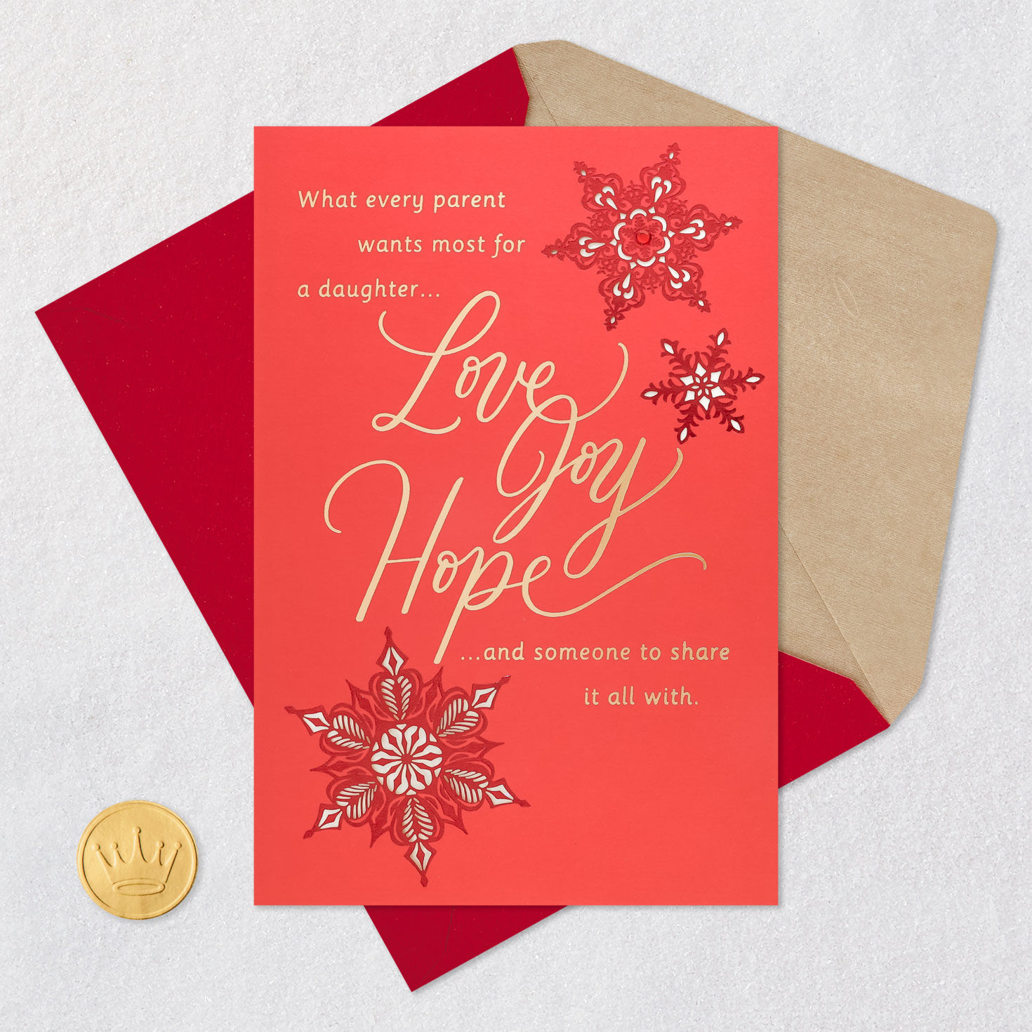 Snowflake on Red Christmas Card for Daughter and Son-in-Law Card Front with Envelope and Gold Seal image number 5