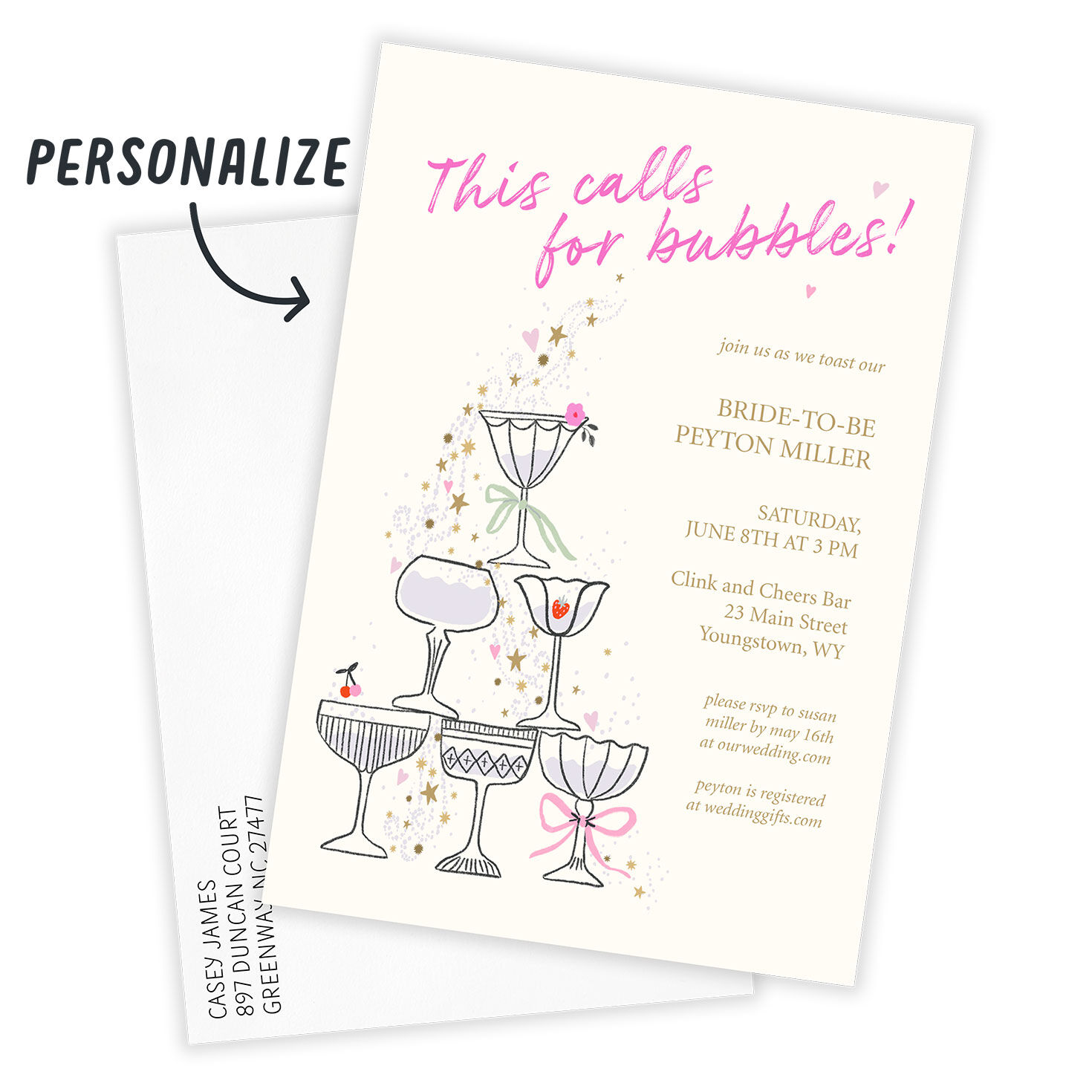 Champagne Glasses Personalized Shower Invitation Card front with Envelope indicating personalization image number 2