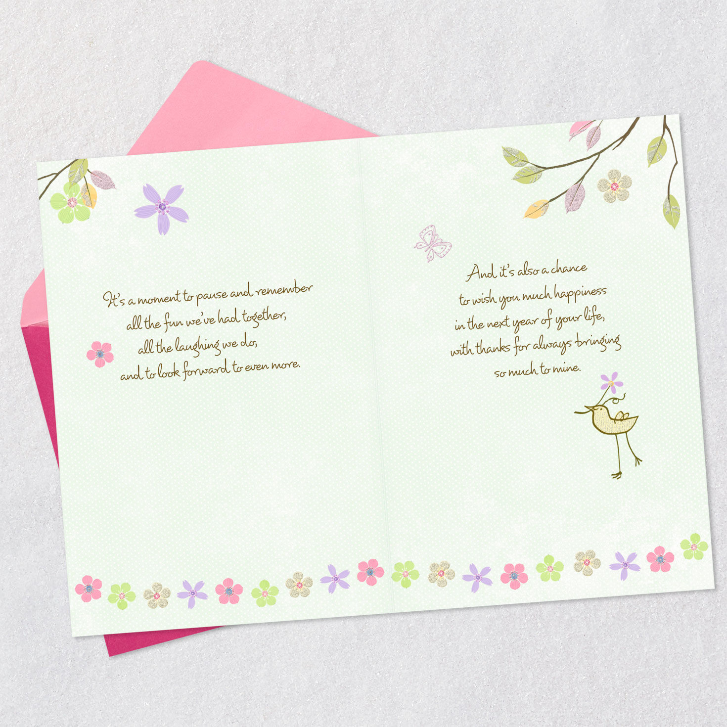Flowers and Branch Green Birthday Card for Friend Open card with envelope image number 4