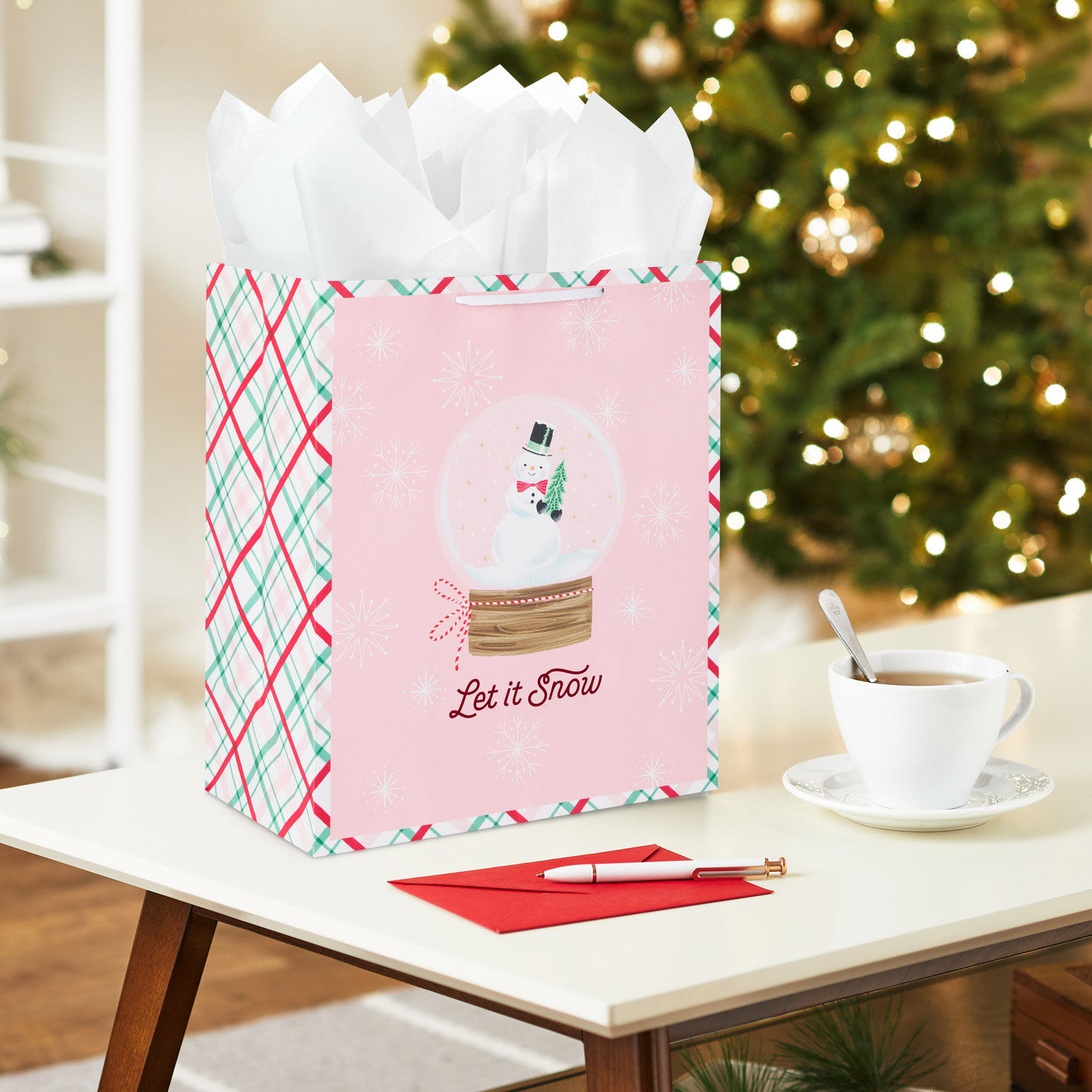 13" Snowman Snow Globe on Pink Large Holiday Gift Bag for only USD 4.49 | Hallmark