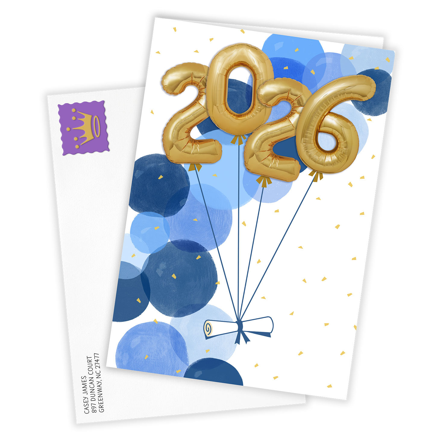 Blue Dots Gold Balloons Personalized Grad Card Card Front with Envelope image number 2