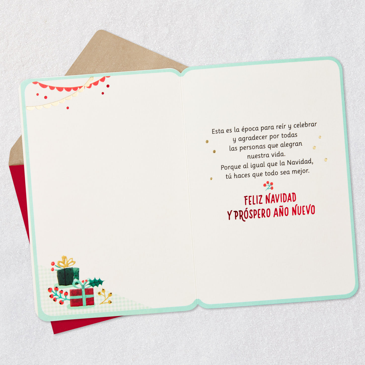 Festive Tree With Flowers Christmas Card in Spanish Open card with envelope image number 3