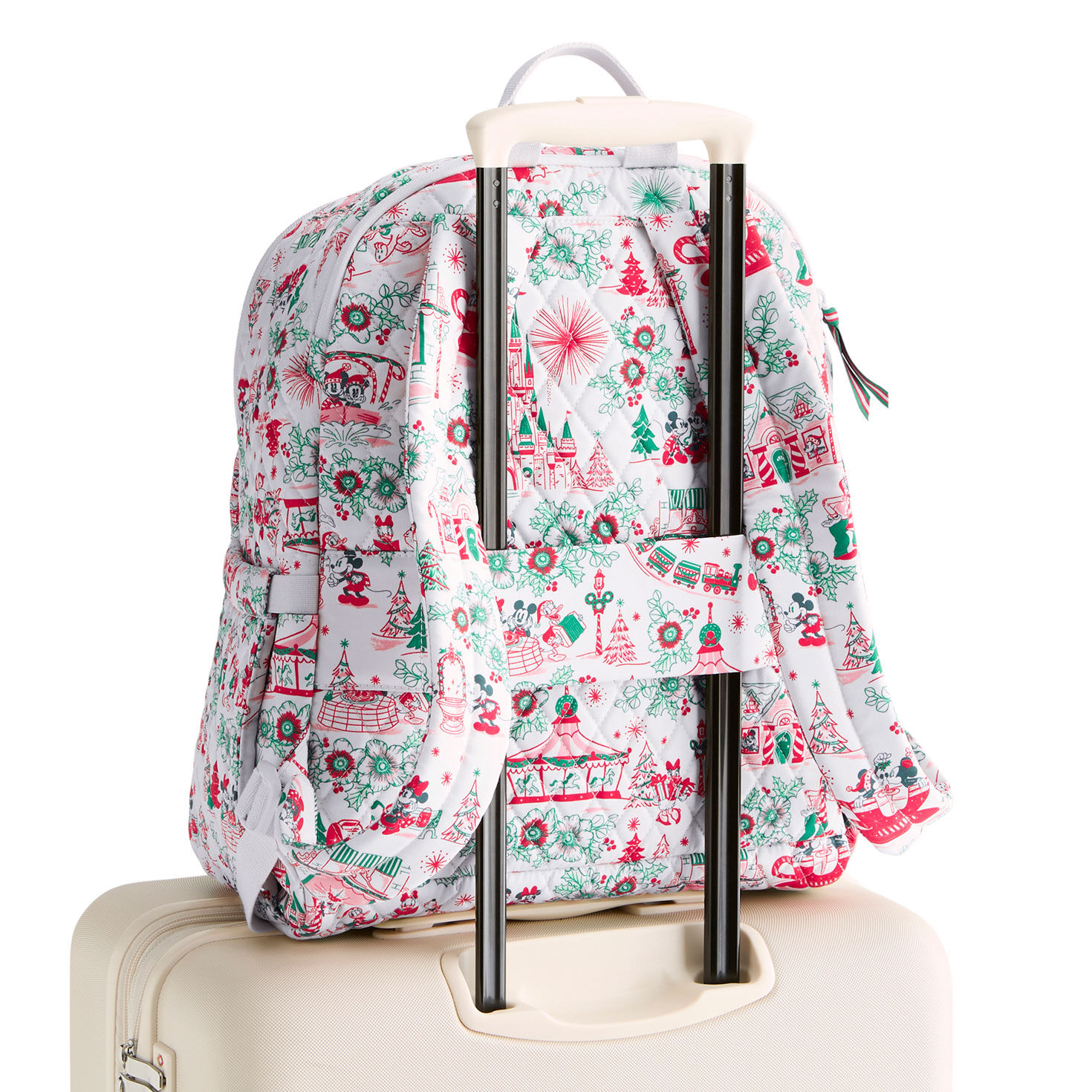 Pink Green Holiday Disney Fabric Backpack In use image number 7