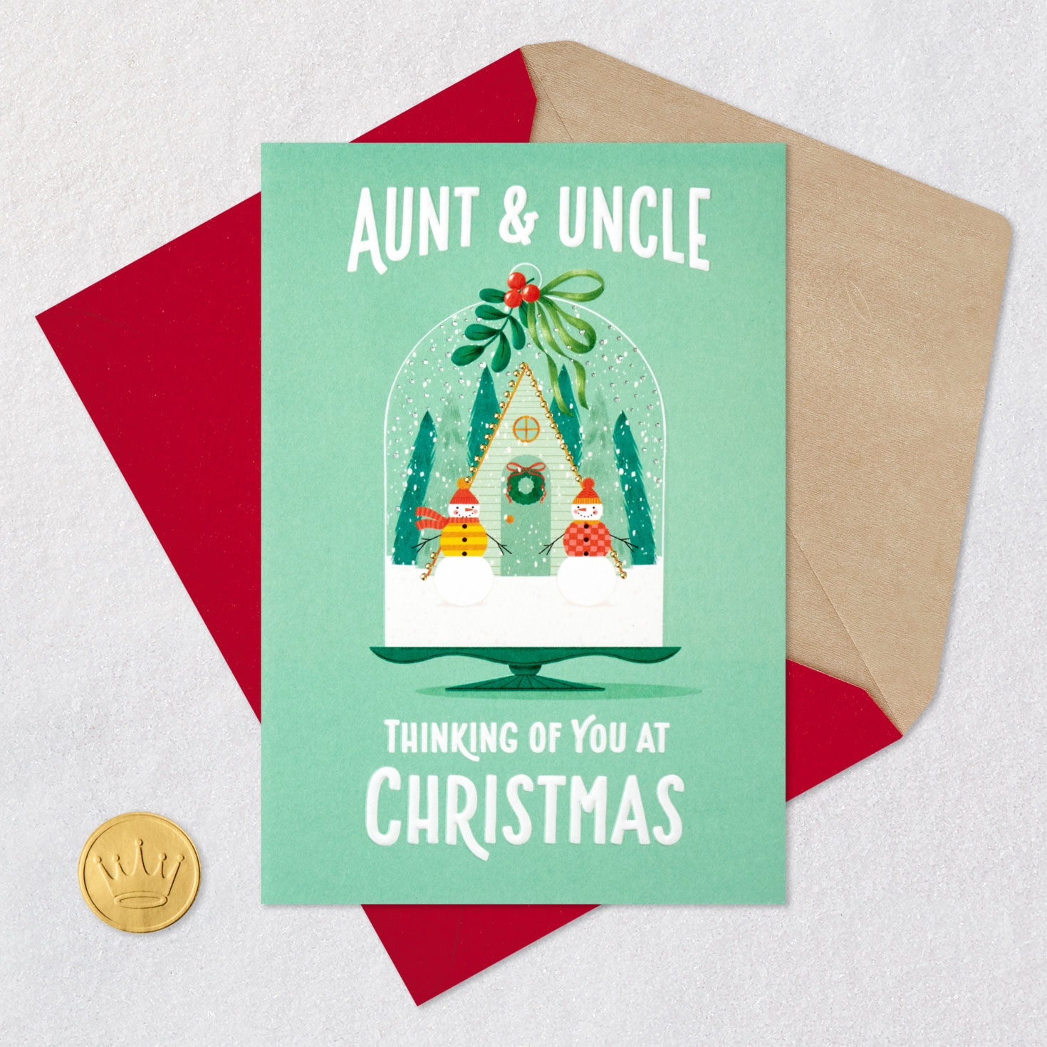 Snowmen Snowglobe Aunt and Uncle Christmas Card Card Front with Envelope and Gold Seal image number 5