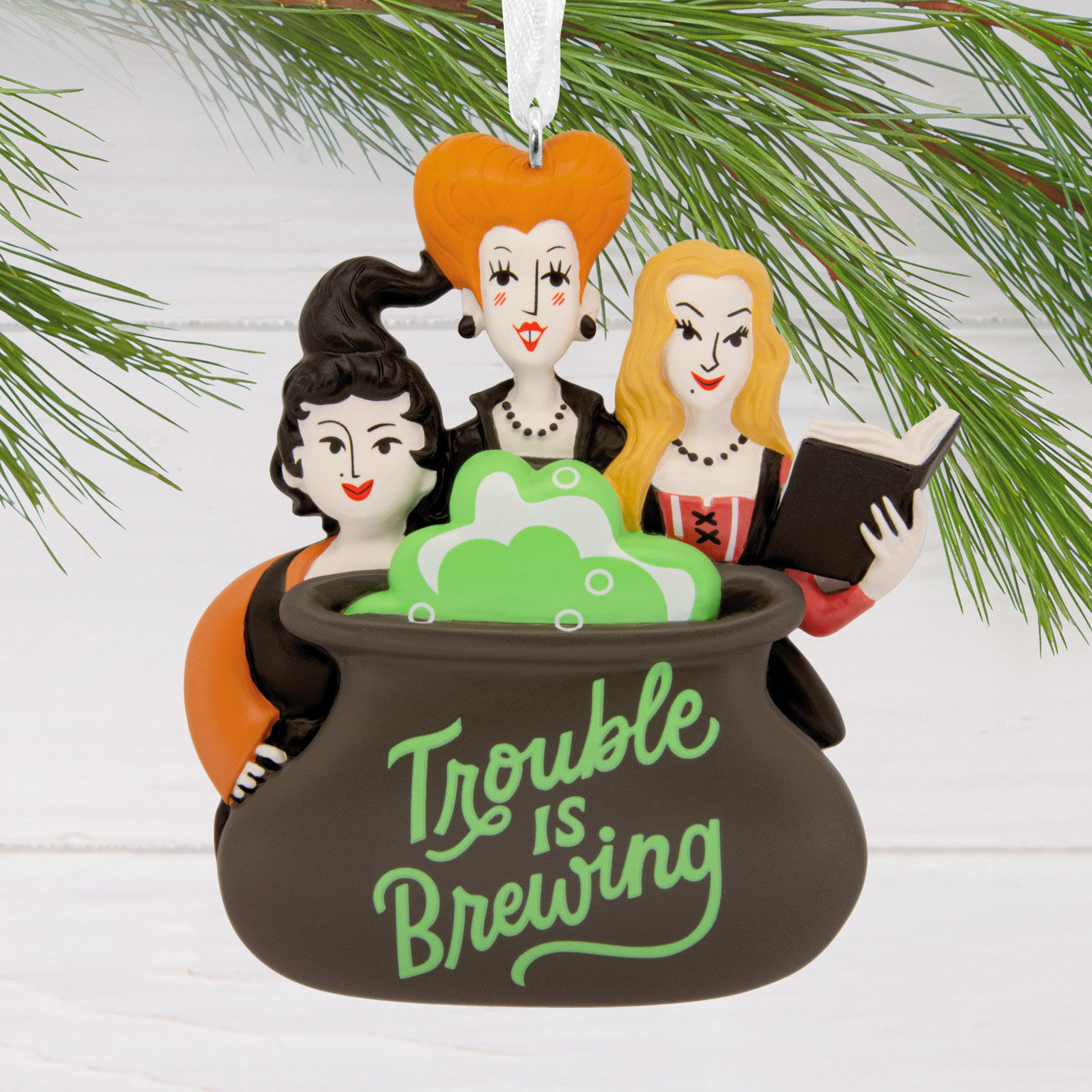 Hocus Pocus Sisters Cauldron Christmas Ornament hanging on tree image number 2