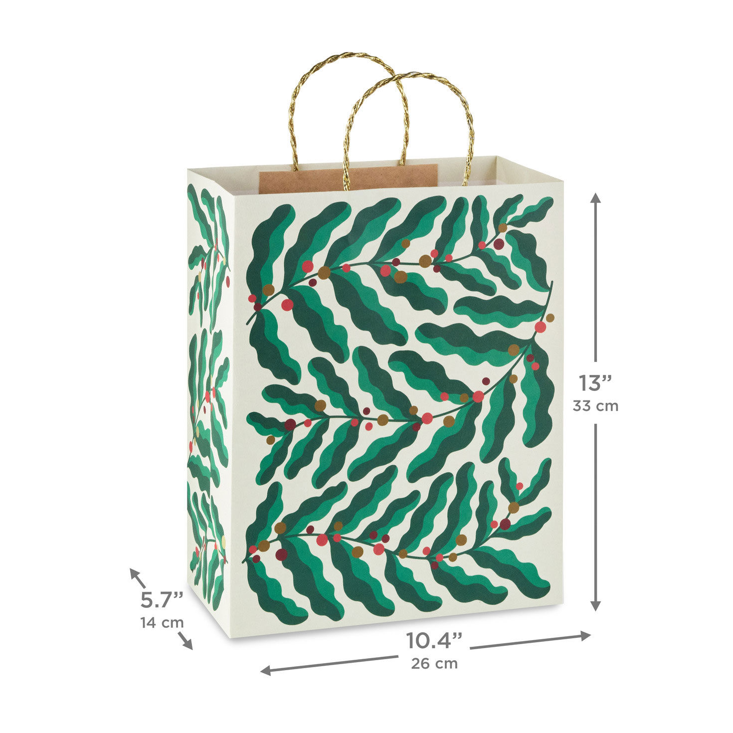 Modern Green Holly Leaves Large Holiday Gift Bag measurement image number 3